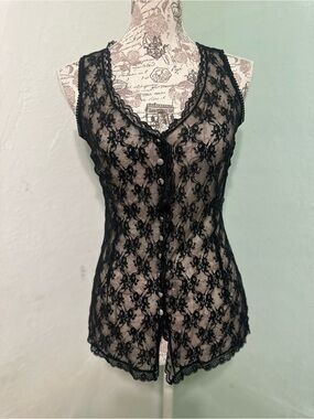 Y2K Crimson Anna Pianura Sheer Black Lace Button-Front Sleeveless top size 42